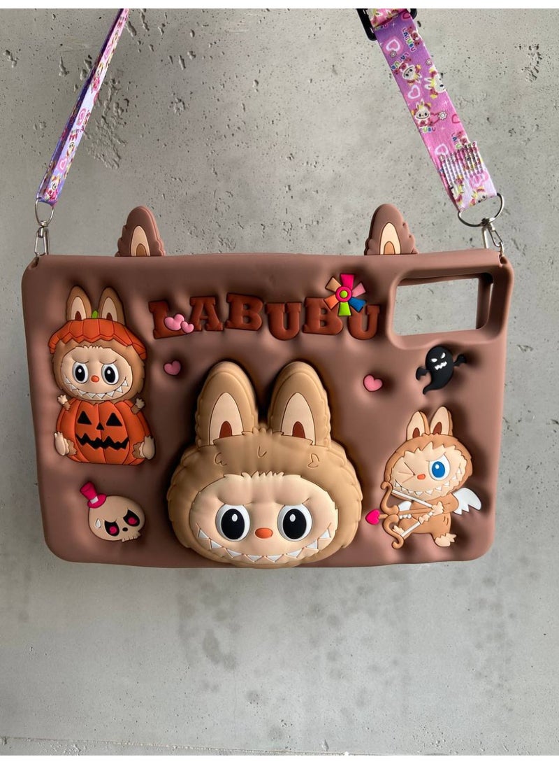 Cartoon 3D Silicon Handle Stand Cover For Xiaomi Redmi SE 11, Kids Shockproof Case With Handle & Stand, Funda Case (With Rope) (La Brown) - Image 2